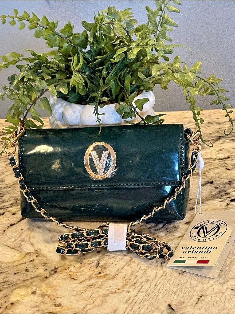 Valentino Orlandi Green Patent Crossbody Bag Gold Chain Rhinestone Logo NWT